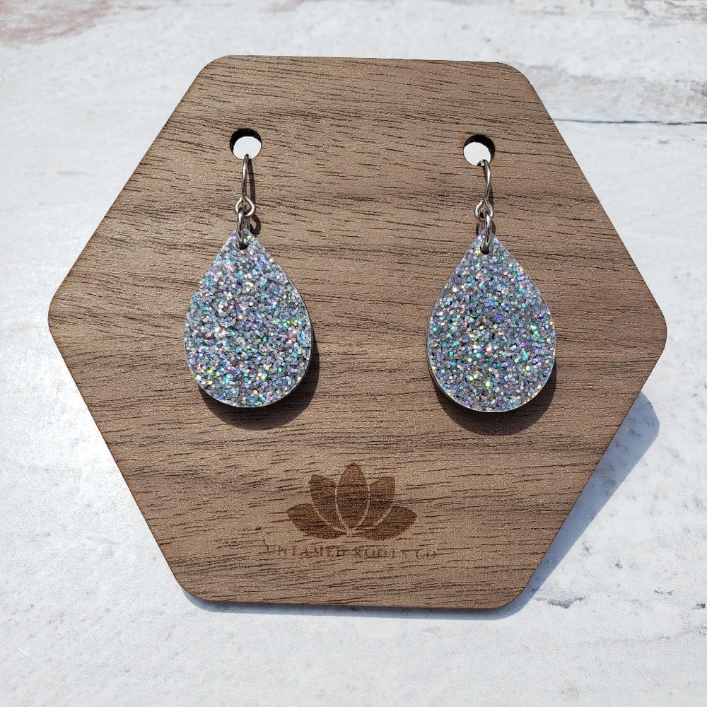 Silver Holographic Glitter Small Teardrop Earrings, Acrylic, Handmade